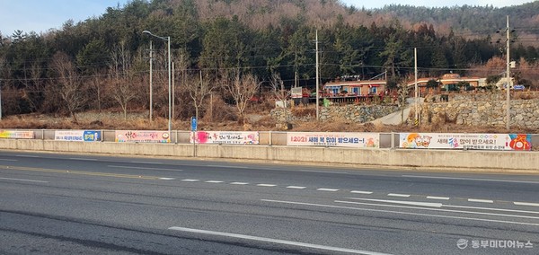 화양면 도롯가에 내걸린 명절 인사 불법 현수막. (사진=마재일 기자)
