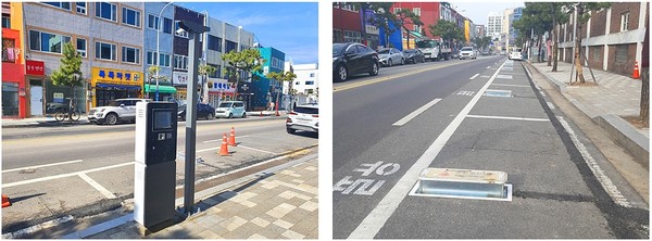 ▲ 바닥제어 무인정산 시스템 정산기와 차량 통제장치(라인라커)