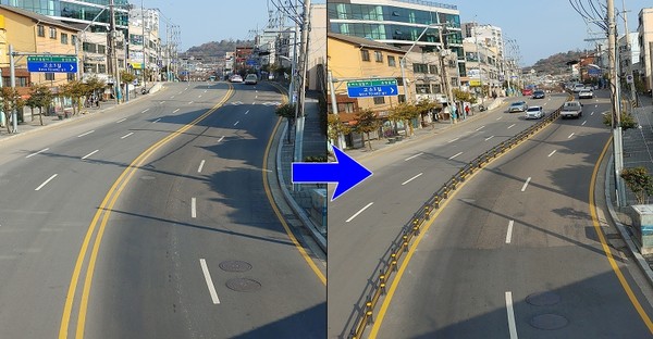 동문로 구간 간이형 중앙분리대 설치 전후