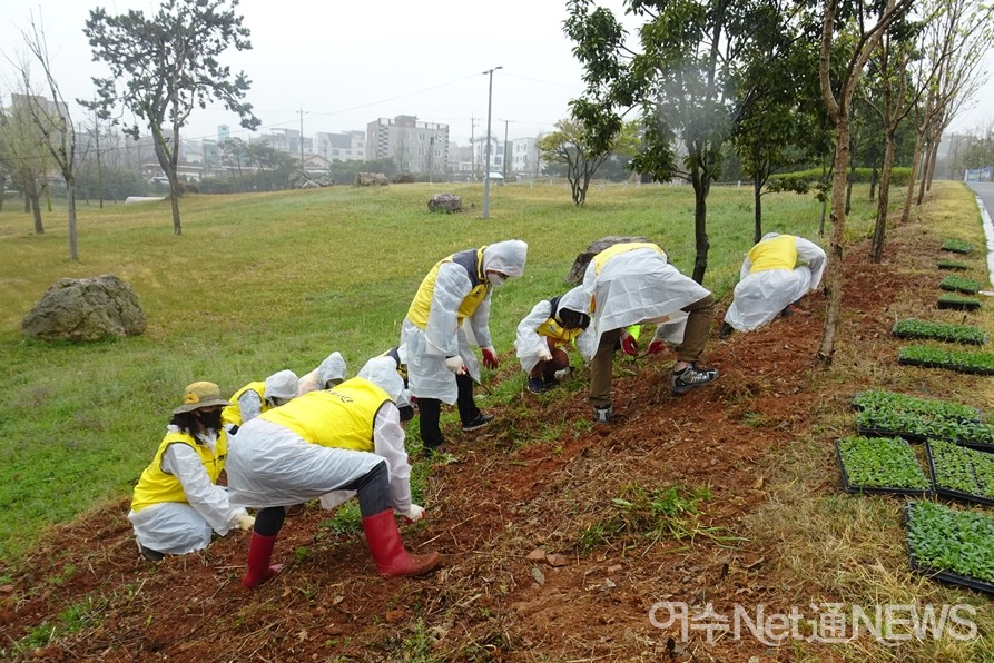 ▲마중물봉사단 회원들이 잡초를 뽑아 꽃을 심을 준비를 하고 있다 