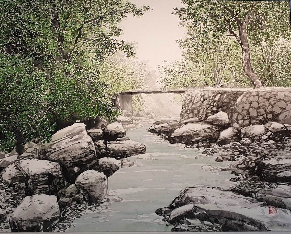 ▲ 흥국사 계곡. 수묵담채, 주연숙 作