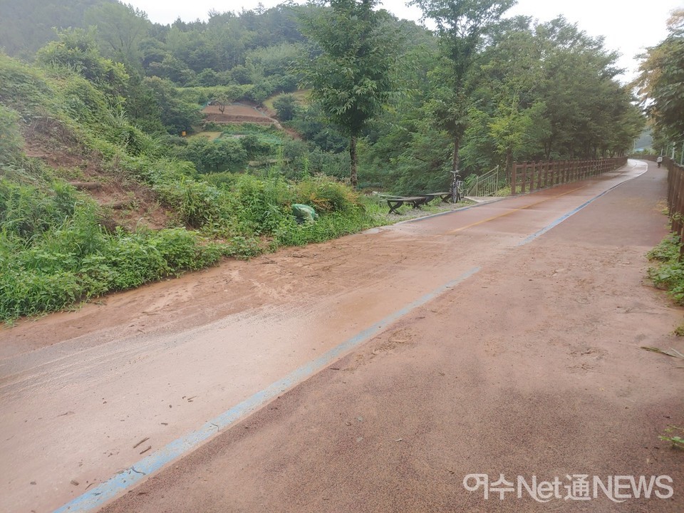 ▲2차 공사를 마친 공원도로는 산자락에서 쏟아진 토사물로 엉망이 되었다  ⓒ한창진