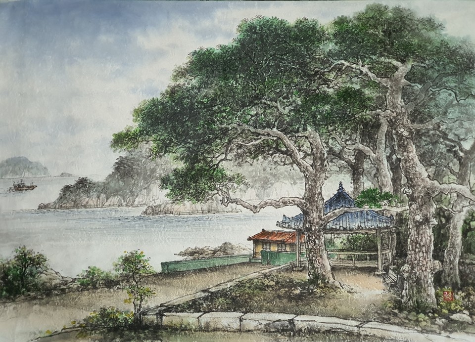 ▲송규상, 직포 소나무 숲(80.3x60.6cm, 한지에 수묵담채)