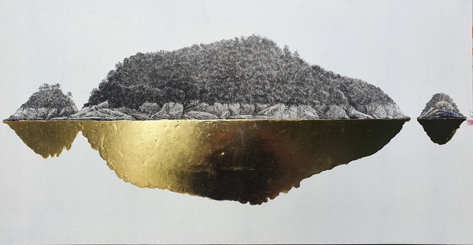 ▲이철규, 금오도소견(金鰲島所見) (53x100cm, 한지에 수묵, 순금박개금)