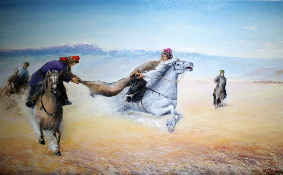 ▲돌다 미난, 쿡바르경기(말을 타고 두 경기자가 양가죽을 빼앗는 경기) 73x45cm, 캔버스에 오일