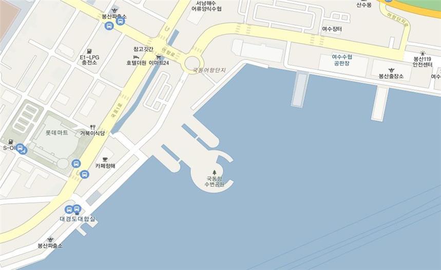 ▲해상 집회 및 시위 선박 집결장소인 국동항 수변공원 및 여수수협 공판장 앞 정박지 