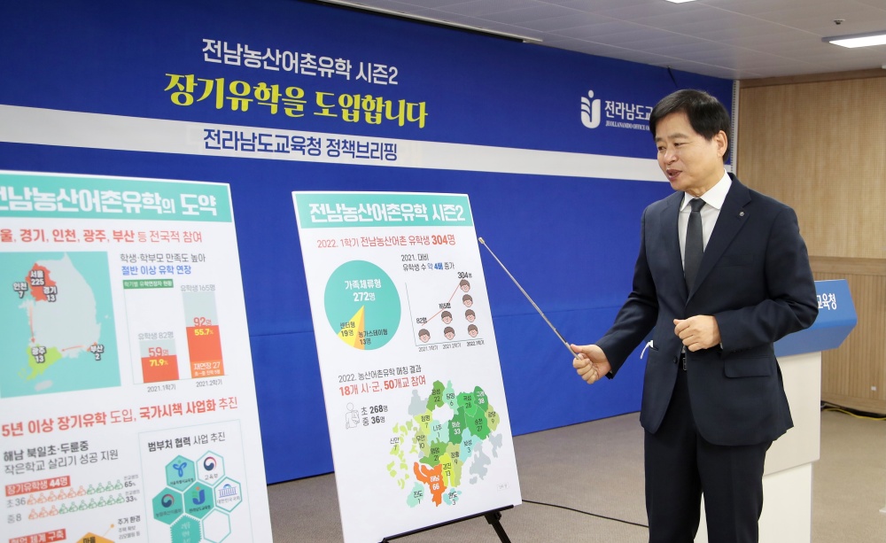 ▲장석웅 교육감이 농산어촌유학 시즌2 정책브리핑을 하고 있다