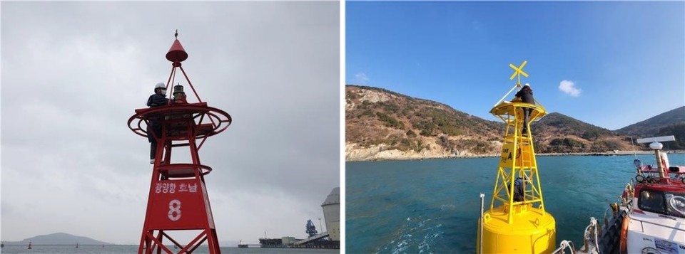 ▲사설 우현표지 점검 현장(왼)과 공사 표지용 등부표 점검 모습(오)