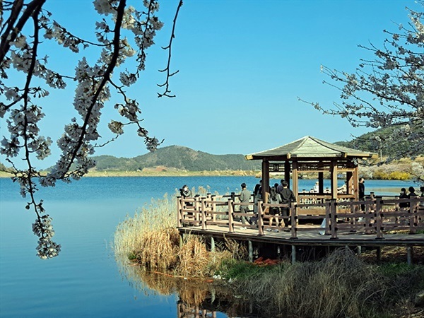 ▲ 승월저수지 물가 팔각정에서 경치를 즐기는 관광객들   ⓒ오문수