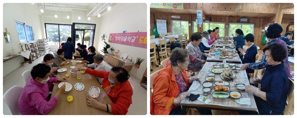 ▲기억키움학교 어르신들이 도예체험을 하고(좌), 맛 있는 점심식사를 하고 있다.(우)  ⓒ