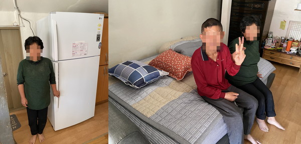 ▲ 전달받은 냉장고와 침대에서 만족한 모습을 보이는 여수시장애인종합복지관 이용자