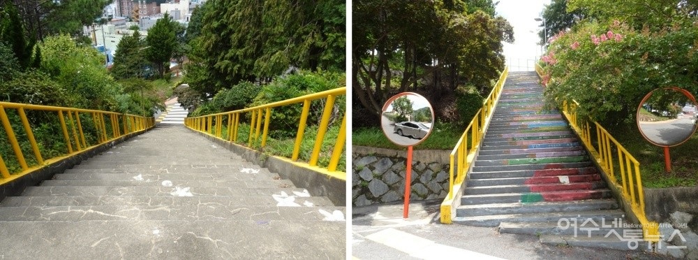 ▲봉산초등학교 통학 계단. 계단 밑은 바로 차도다