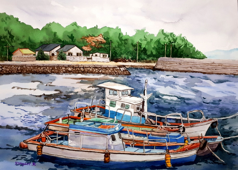 ▲ 김향숙, 개도의 마을풍경(53X72.7cm, 종이에 수채)