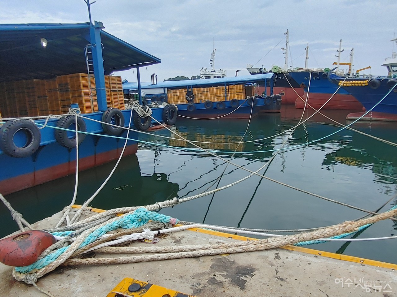 ▲ 역대급 태풍 힌남노의 북상을 앞두고 태풍대비중인 여수항 포구에 꽁꽁 묶인 밧줄 모습  ⓒ심명남