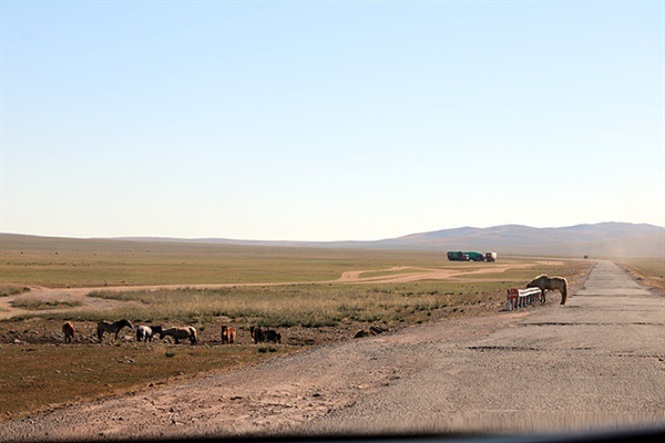 ▲ 칭기스시에서 초이발상으로 가는 50킬로미터는 도로 곳곳에 웅덩이가 패여 달릴 수가 없었다. 운전사들은 일명 "지옥길 50킬로미터"를 피해 도로옆 초원길로 달리고 있었다. 이 길은 포장도로를 달리는 것보다 차라리 초원길이 훨씬 빠르고 승차감이 좋았다. ⓒ오문수
