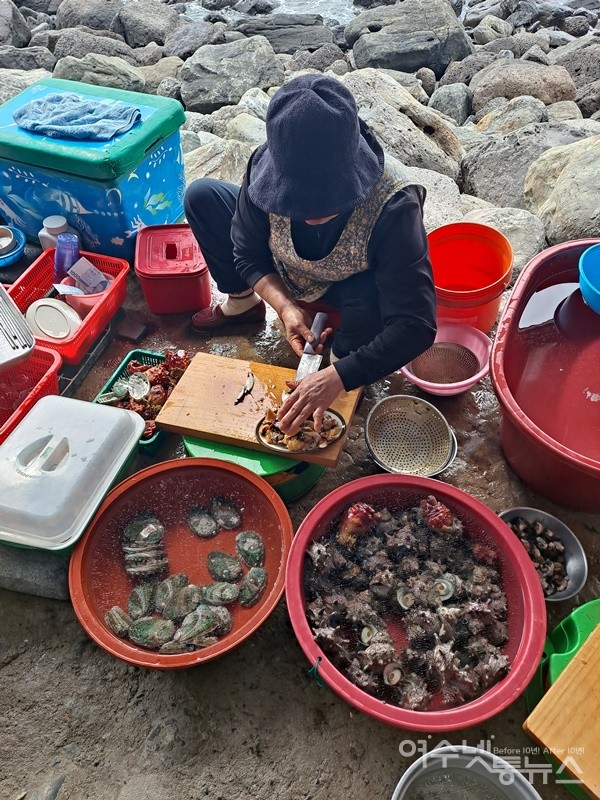 ▲ 폭포수 초입에는 제주도 아낙네가 갯것을 팔고 있다. ⓒ조찬현