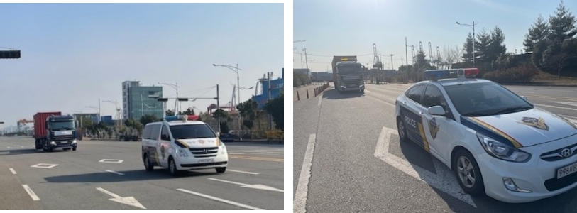 ▲광양항 긴급화물 수송 차량 호송중인 여수해양경찰 형사기동차량 과 광양파출소 순찰차