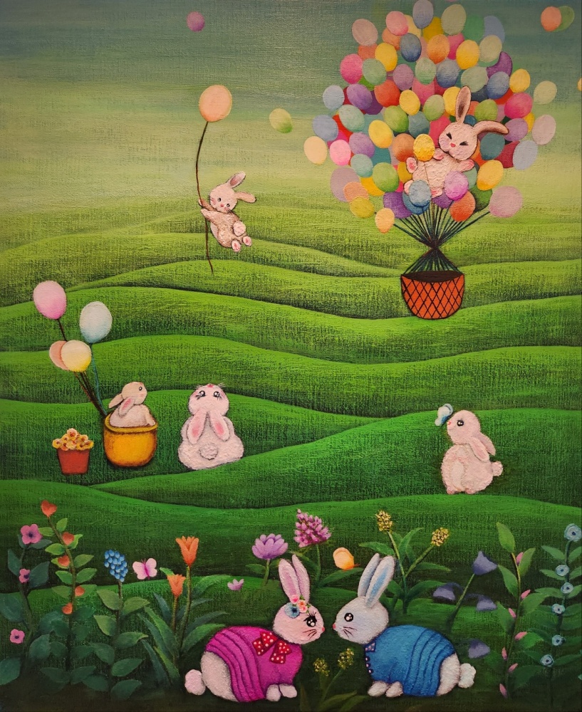 ▲ 김여진, 봄바람난 토끼들(60.6x72.7, 캔버스에 혼합재료)
