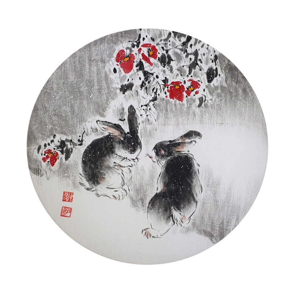 ▲ 최송산, 계묘년 여수동백을 달빛에 스케치하다 (31x31, 광목에 수묵채색)