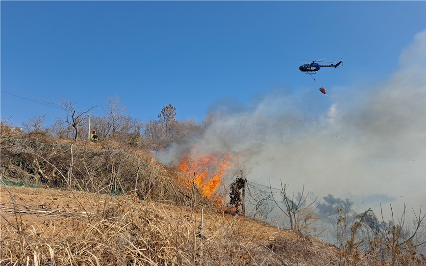 ▲ 소각 중 화재가 발생한 농촌에 소방헬기가 진압하고 있다.