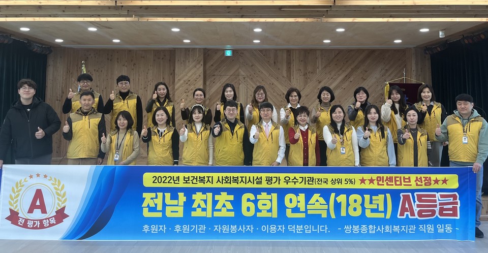 ▲쌍봉복지관은 2022년 보건복지 사회복지시설 평가 우수기관 전남 최초 6회 연속(18년) A등급을 받았다. ⓒ