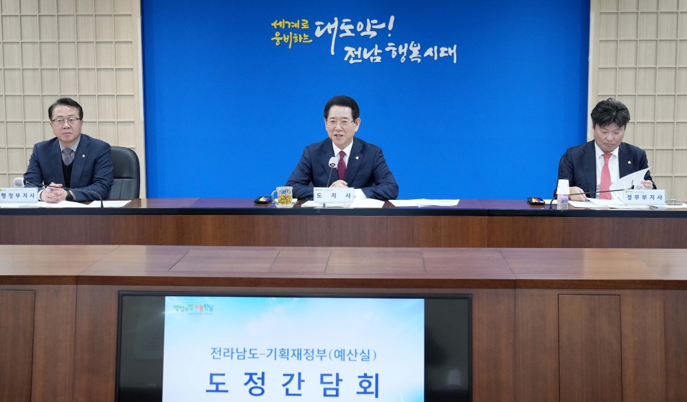 ▲ 김영록 지사가 도정간담회에서 현안 건의 및 핵심시책을 설명하고 있다.