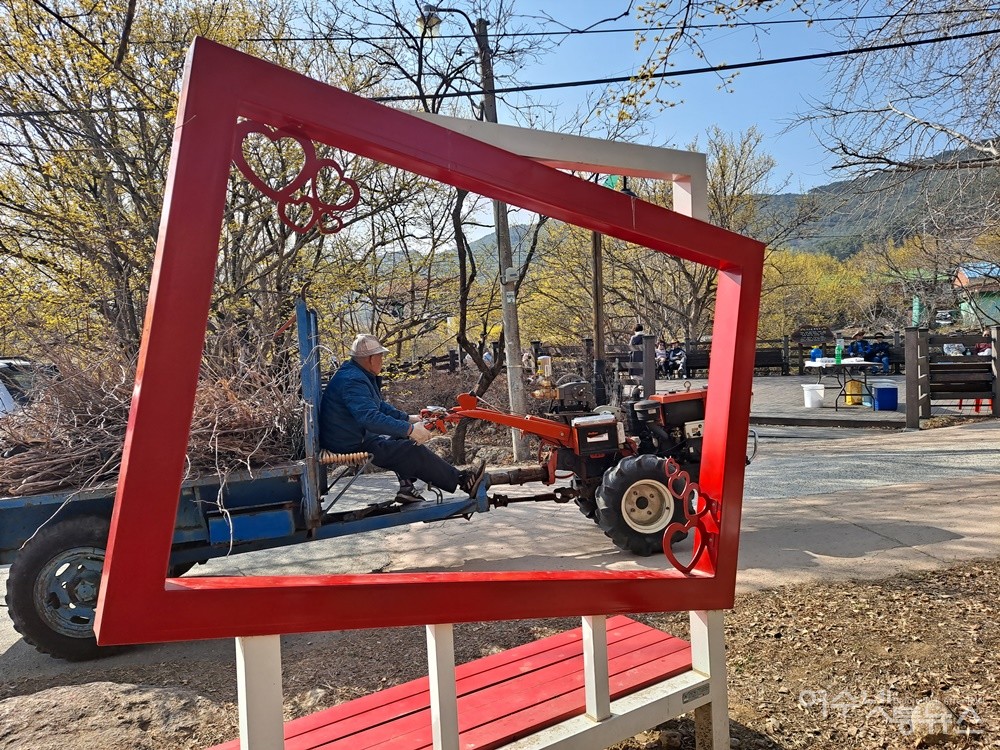 ▲ 반곡마을 앞 빨간 포토존 사이로 마을 어르신이 경운기를 몰고 지나간다. ⓒ조찬현