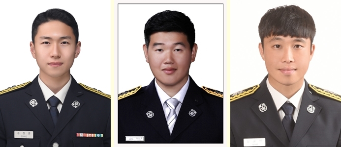 ▲ 왼쪽부터 소라119안전센터 소방교 송창훈, 119구조대 소방교 정현균, 학동119안전센터 소방사 남승민