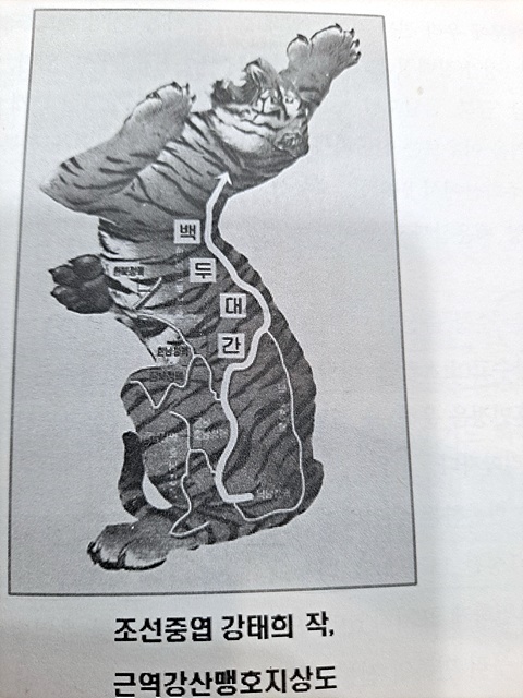 ▲ 우리나라를 호랑이에 비유해 그린 조선중엽 강태희의 로 척추에 해당하는 백두대간이 잘 그려져 있다. ⓒ 오문수 