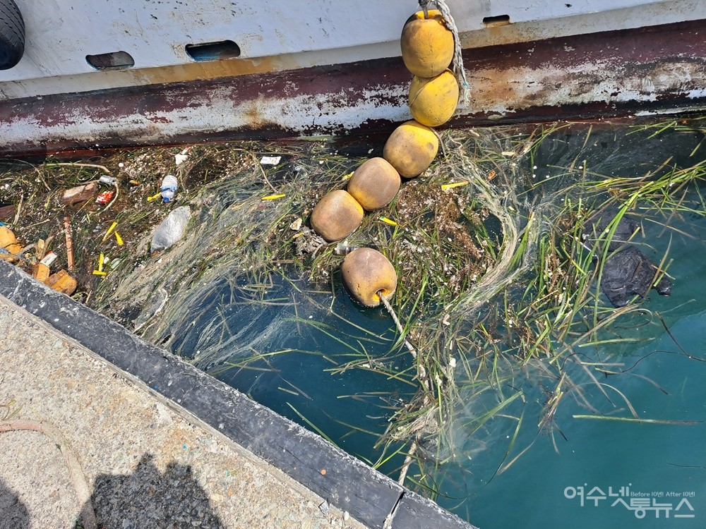 ▲여수 국동항 어선들이 정박해있는 바다에도 쓰레기들이 보인다. ⓒ조찬현