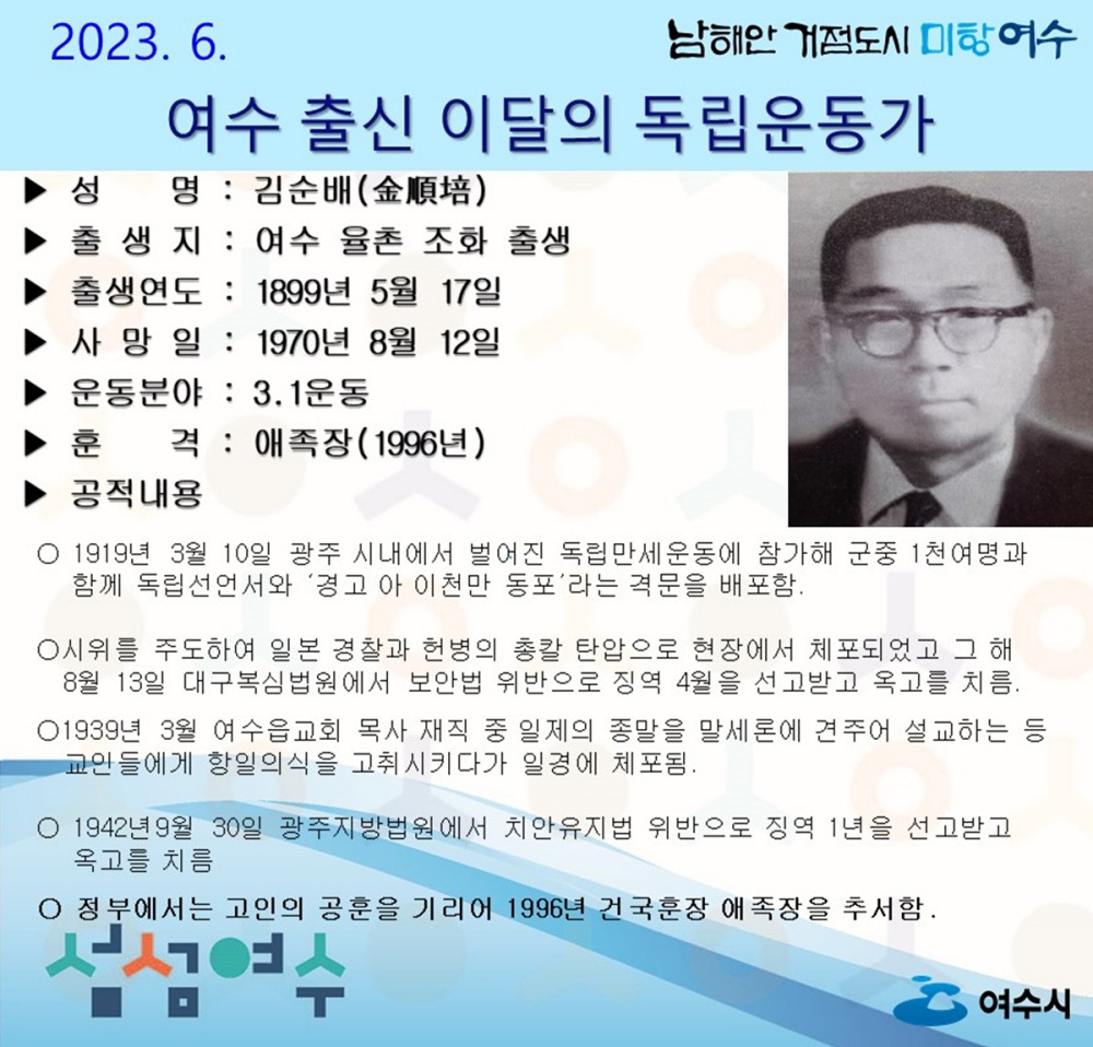 ▲ 6월 독립운동가 김순배 선생