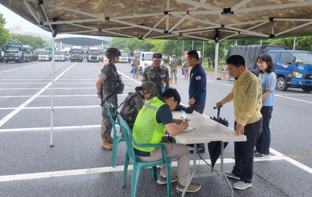 ▲ 차량동원 훈련이 실시된 진남경기장