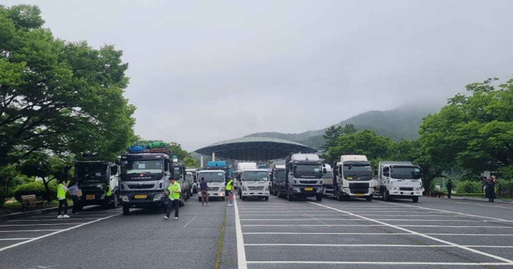 ▲ 차량동원 훈련이 실시된 진남경기장