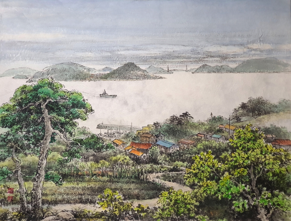 ▲ 송규상, 여수 하화도 마을의 정취 (72.7X90.7cm, 한지에 수묵담채)