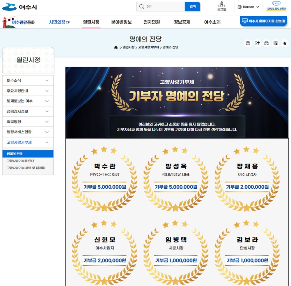 ▲ 시 홈페이지에 개설된 ‘고향사랑기부제 기부자 명예의 전당’