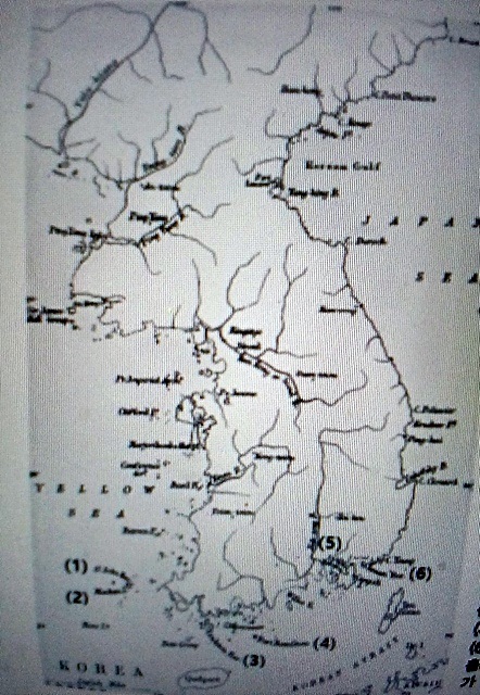 ▲ 19세기 영국해군이 그린 조선지도로 그림 속 1번은 세인트존항(흑산항), 2번은 마코섬(흑산도), 3번은 크라이튼항(소안항), 4번은 포트 해밀턴항(거문항), 5번은 실비아만(진해만), 6번은 초산항(부산항)이다. ⓒ 김낙현