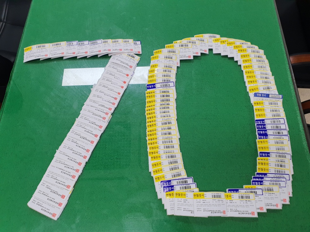 ▲ 창설 70주년을 맞아 모아온 헌혈증을 기부하는 해양경찰