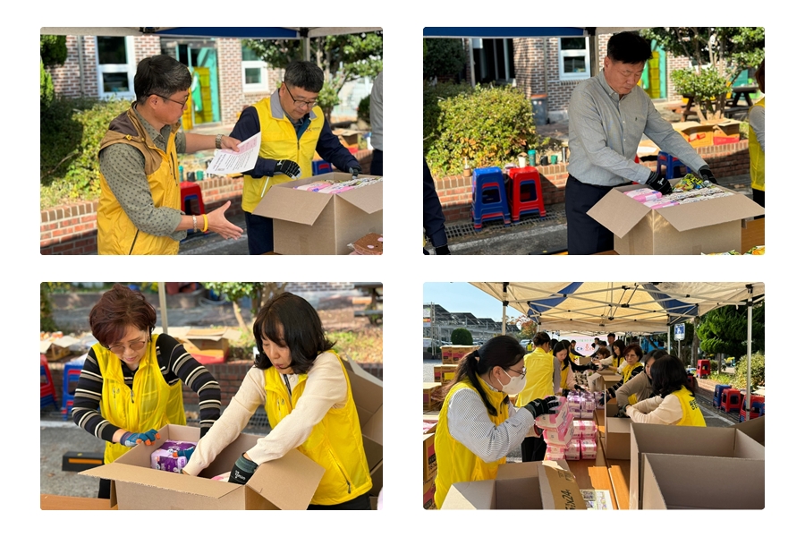 ▲오일허브코리아, 여수시 사회복지과 희망지원팀, 쌍봉복지관 직원들이 위생용품을 포장하고 있다. ⓒ쌍봉복지관