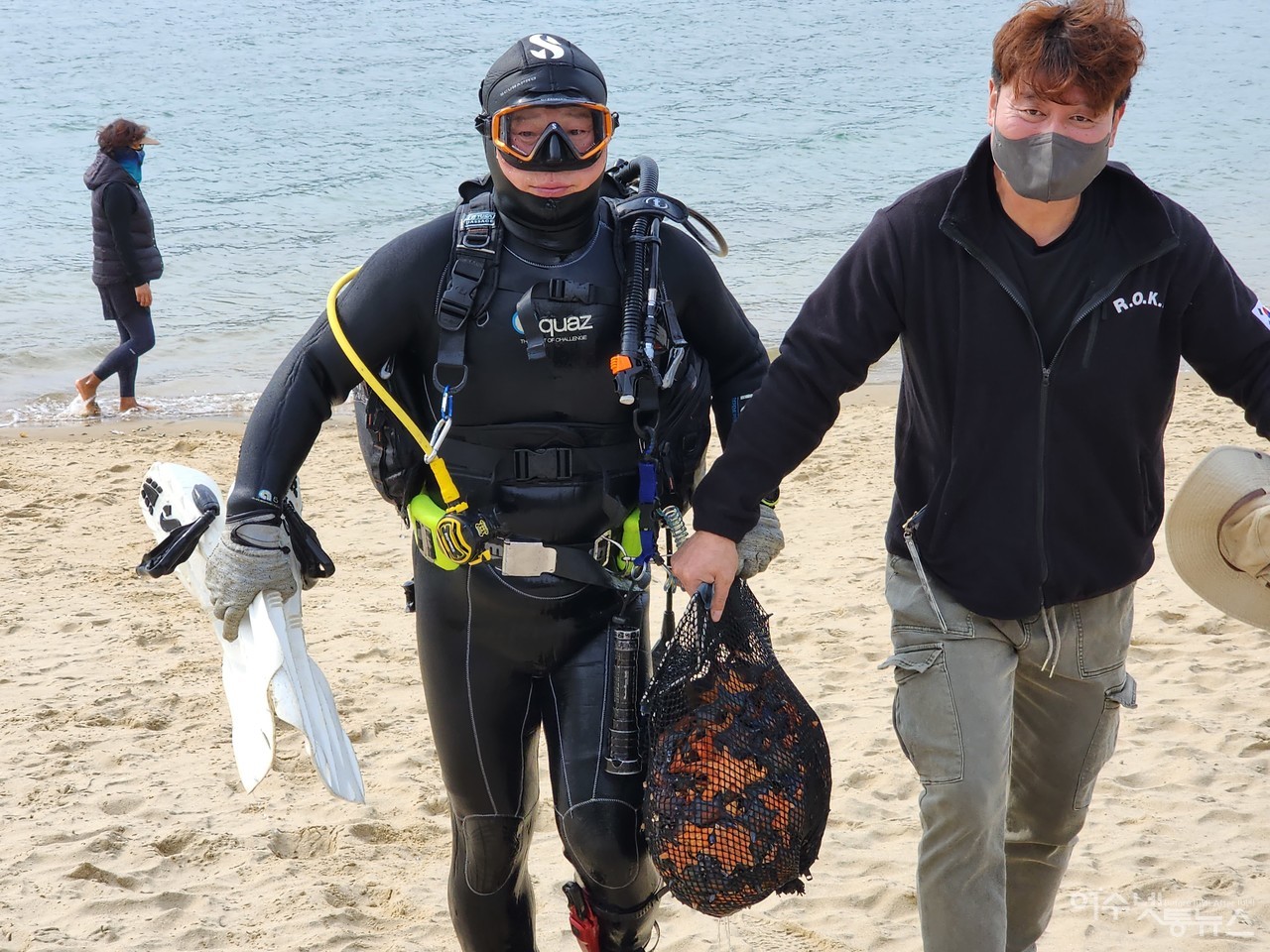 ▲ 수중정화 활동에 나선 다이버들이 불가사리를 잡아오고 있다 ⓒ심명남