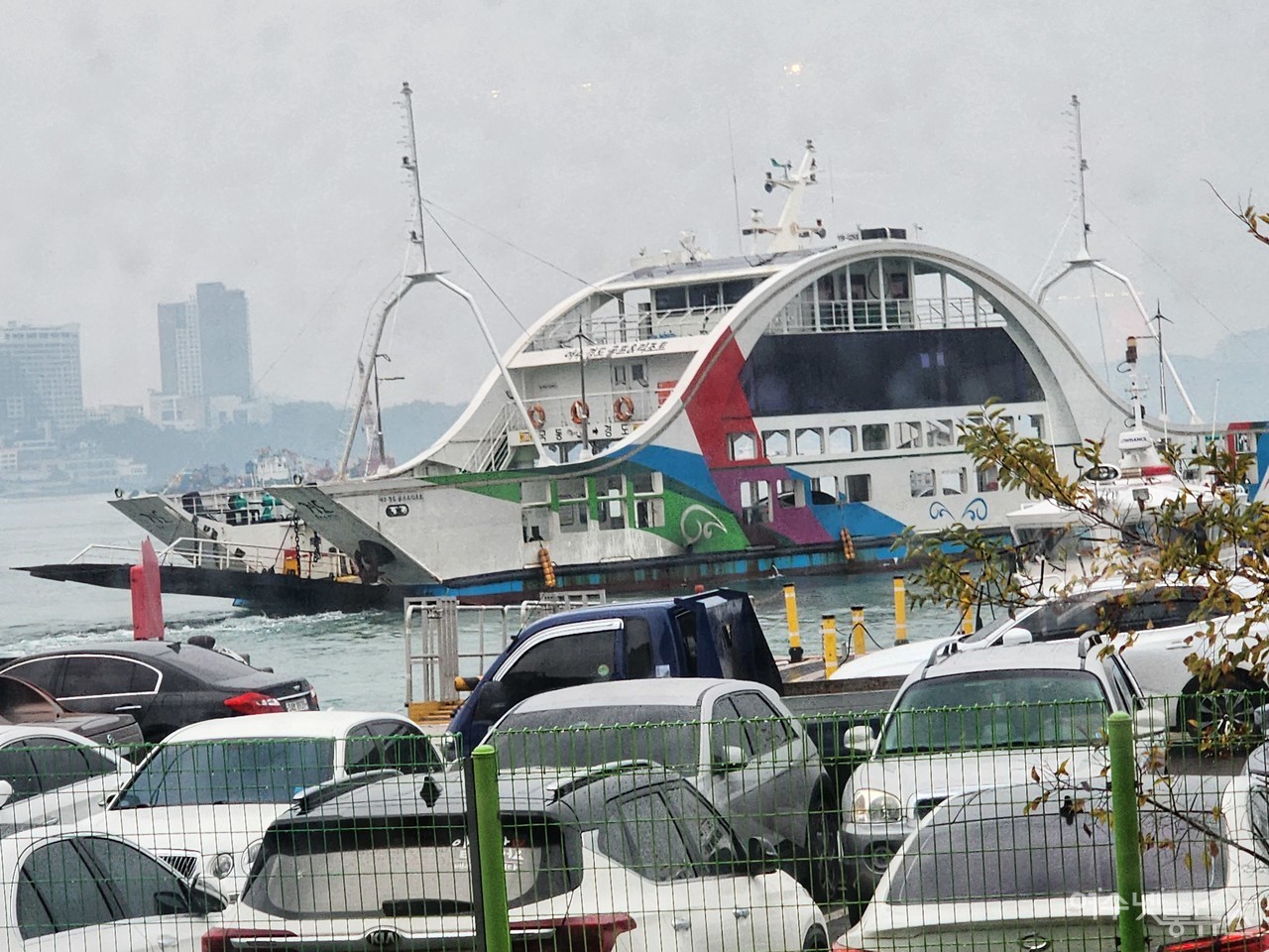 ▲ 한우 투뿔을 고집하는 본한우 정육식당 창밖으로 경도를 오가는 연락선이 입항하고 있다 ⓒ심명남