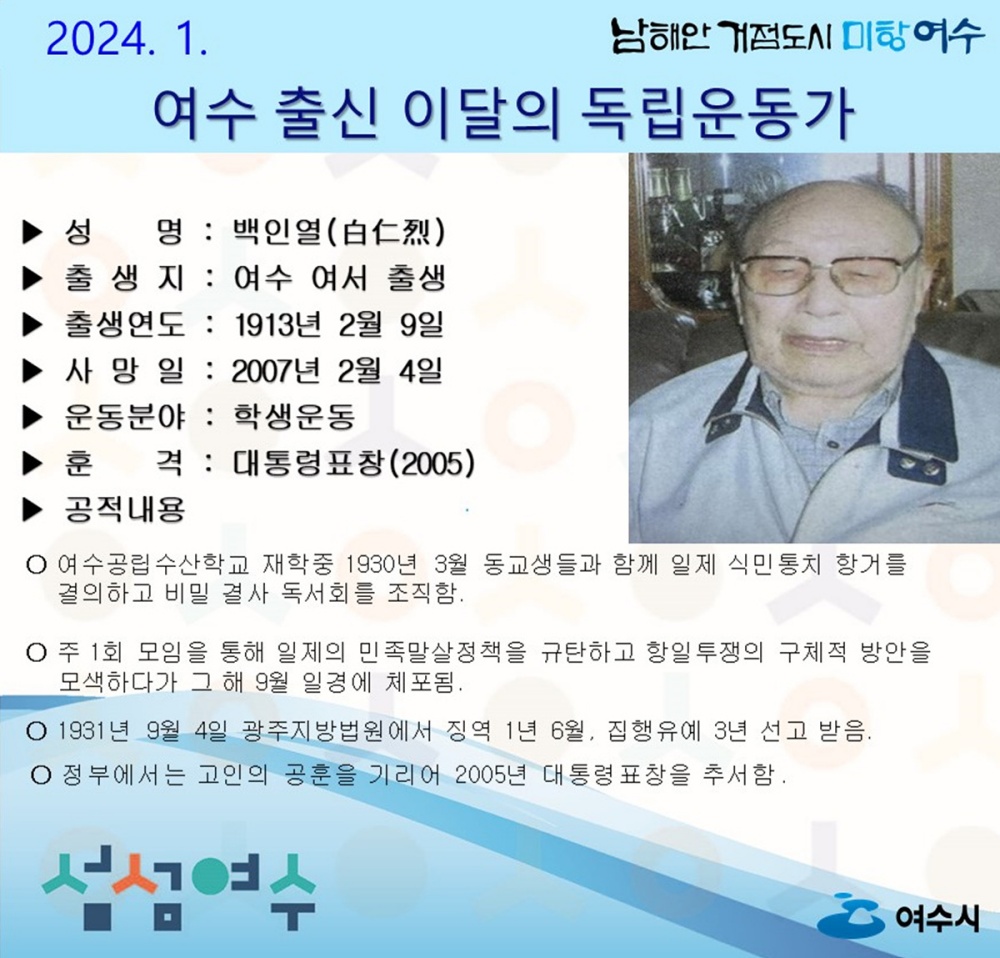 ▲ 1월 독립운동가 여서 태생 백인열 선생