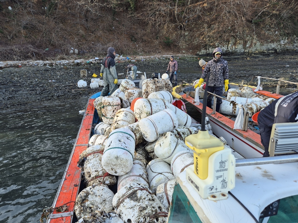 ▲ 바다에 떠다리는 부표를 수거하고 있다.