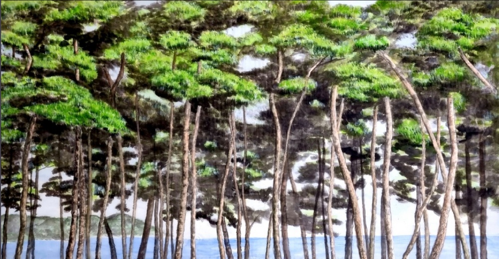 ▲ 숲속 (68x128cm, 비단에 수묵채색)