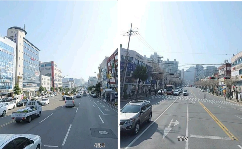 ▲  전선·통신선이 지중화 되어 있는 공동구 구간(왼쪽 첫 번째)과 지중화 되어 있지 않아 전선·통신선이 여기저기 엮여있는 신동아파밀리에 거리 사진