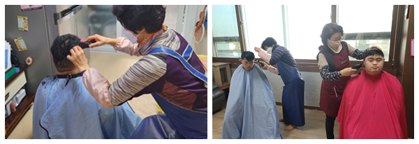 ▲ 장애인이용자 자택 방문하여 머리 커트 봉사를 하고 있다.