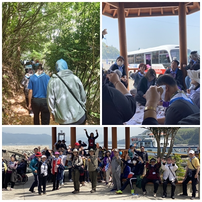 ▲  좌측 상단 부터 시계방향으로  비렁길을 걷는 지역장애인, 무드등 체험활동중인 지역장애인들, 비렁길 탐방 이후 단체 사진 