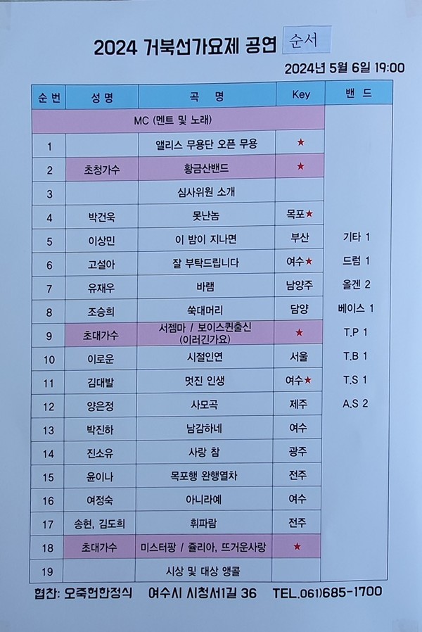 ▲ 제25회 2024 여수 거북선 가요제 공연 순서 ⓒ 대한가수여수협회