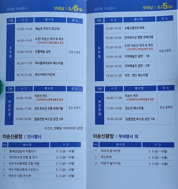 ▲ 거북선 축제 5월 5일(일),  6일(월) 행사 일정표    ⓒ 여수거북선축제보존회