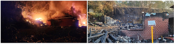 ▲ ⓒ (좌) 불에타고 있는 집의 모습과 (우) 화재 이후 집의 모습