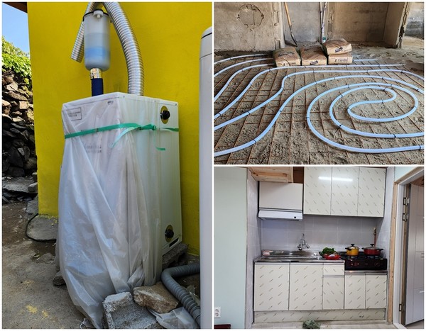 ▲ ⓒ 설치된 보일러와 씽크대, 난방배관 작업 모습